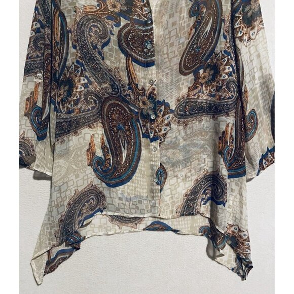 Chicos Top Womens Large 12 Boho Paisley Print Sheer Asymmetrical Hem Flowy - Picture 4 of 10